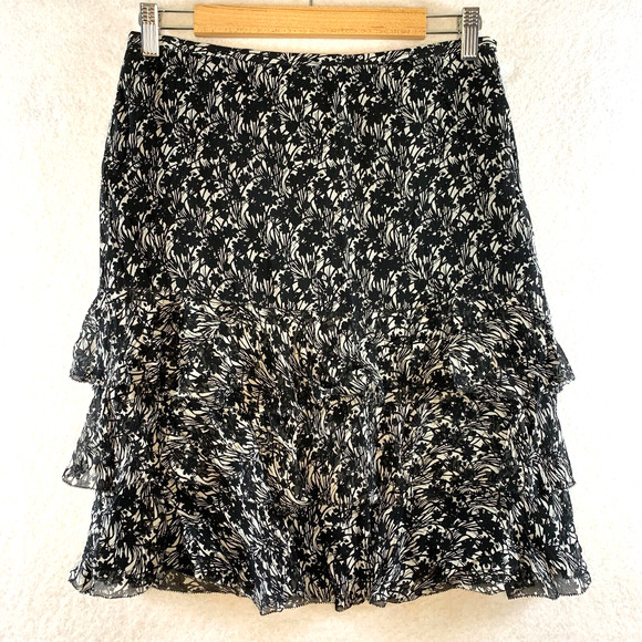 Ann Taylor Dresses & Skirts - Womens 100% Silk Chiffon Floral Skirt Sz 4P Black Tiered Ruffle Feminine Flowy